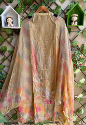 Mehrbano Olive Beige Floral Suit Set