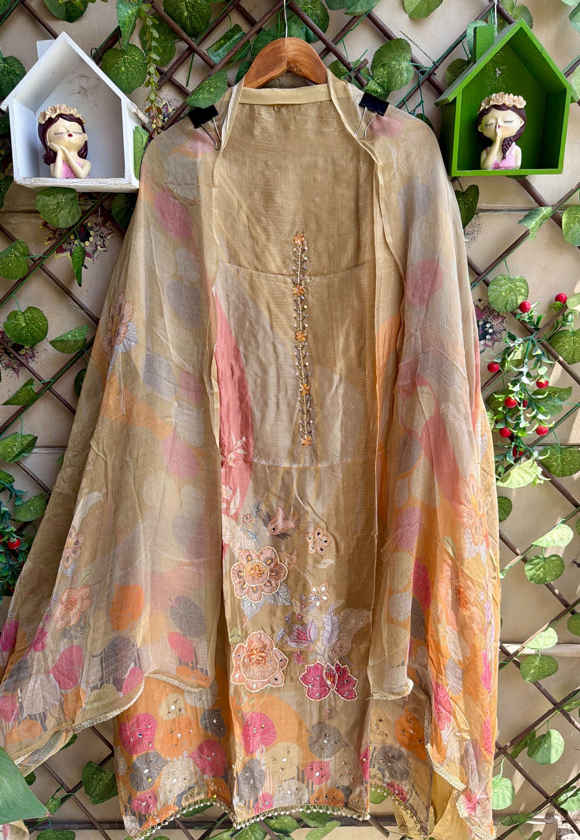 Mehrbano Olive Beige Floral Suit Set