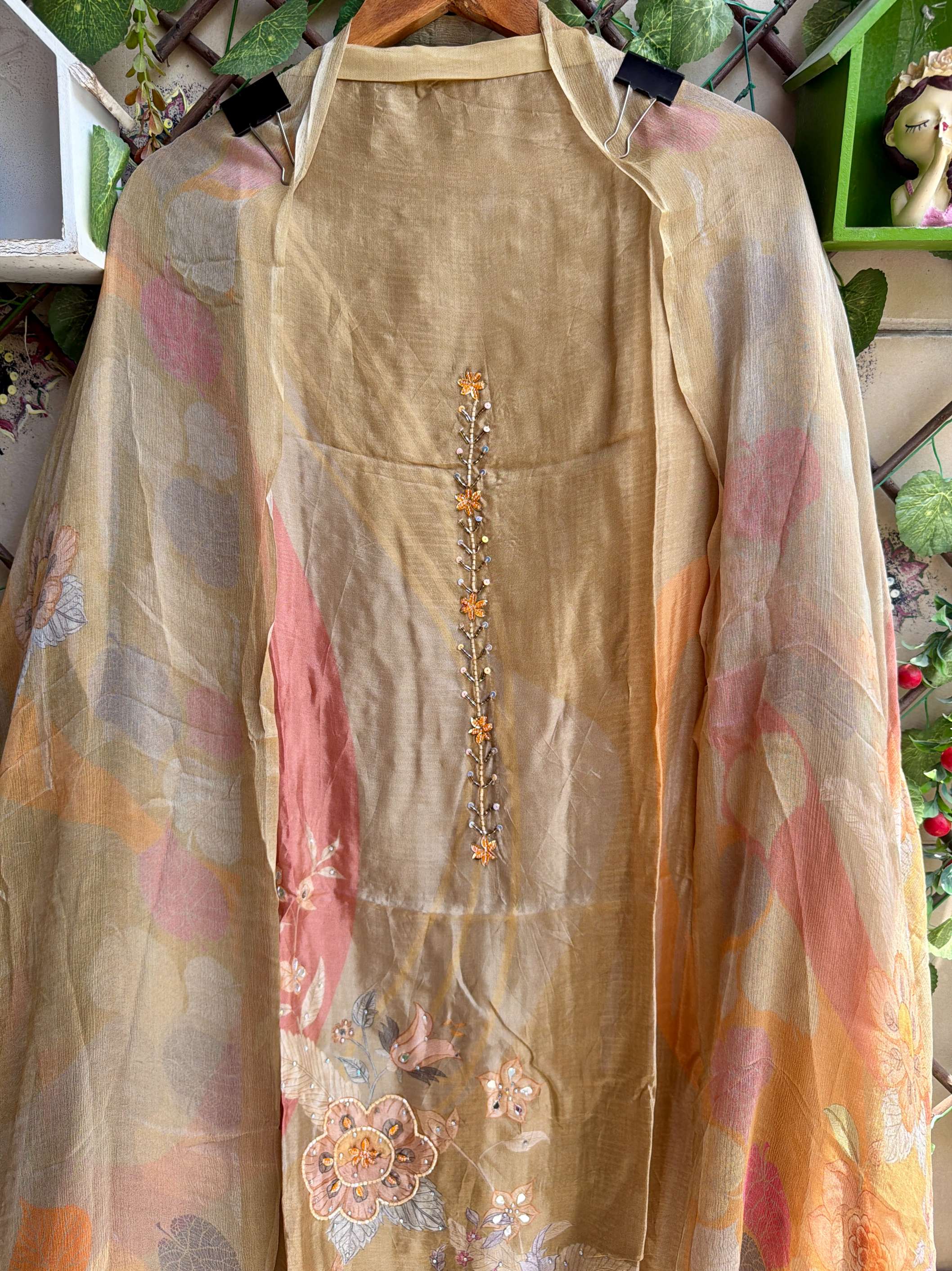 Mehrbano Olive Beige Floral Suit Set