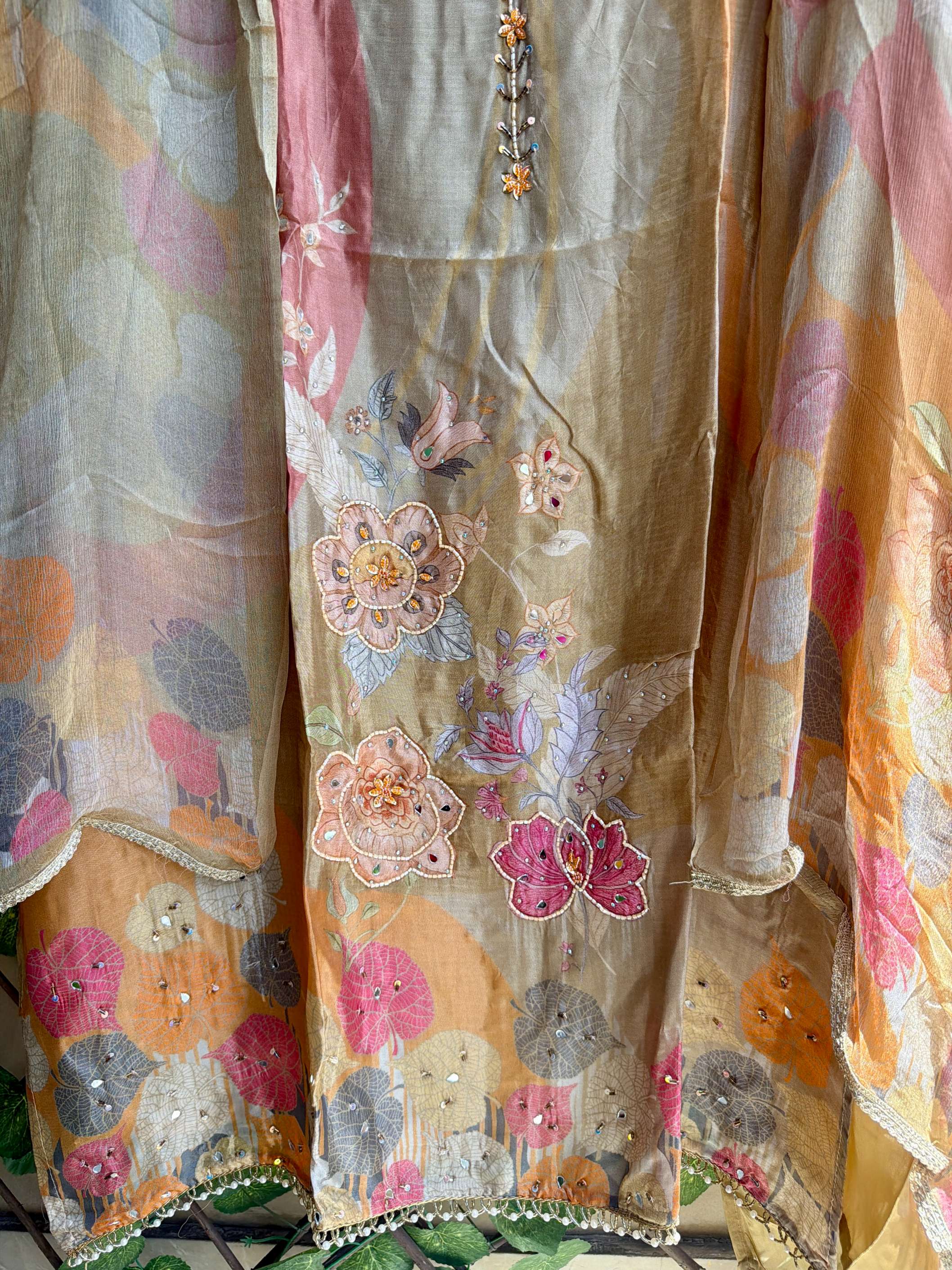 Mehrbano Olive Beige Floral Suit Set