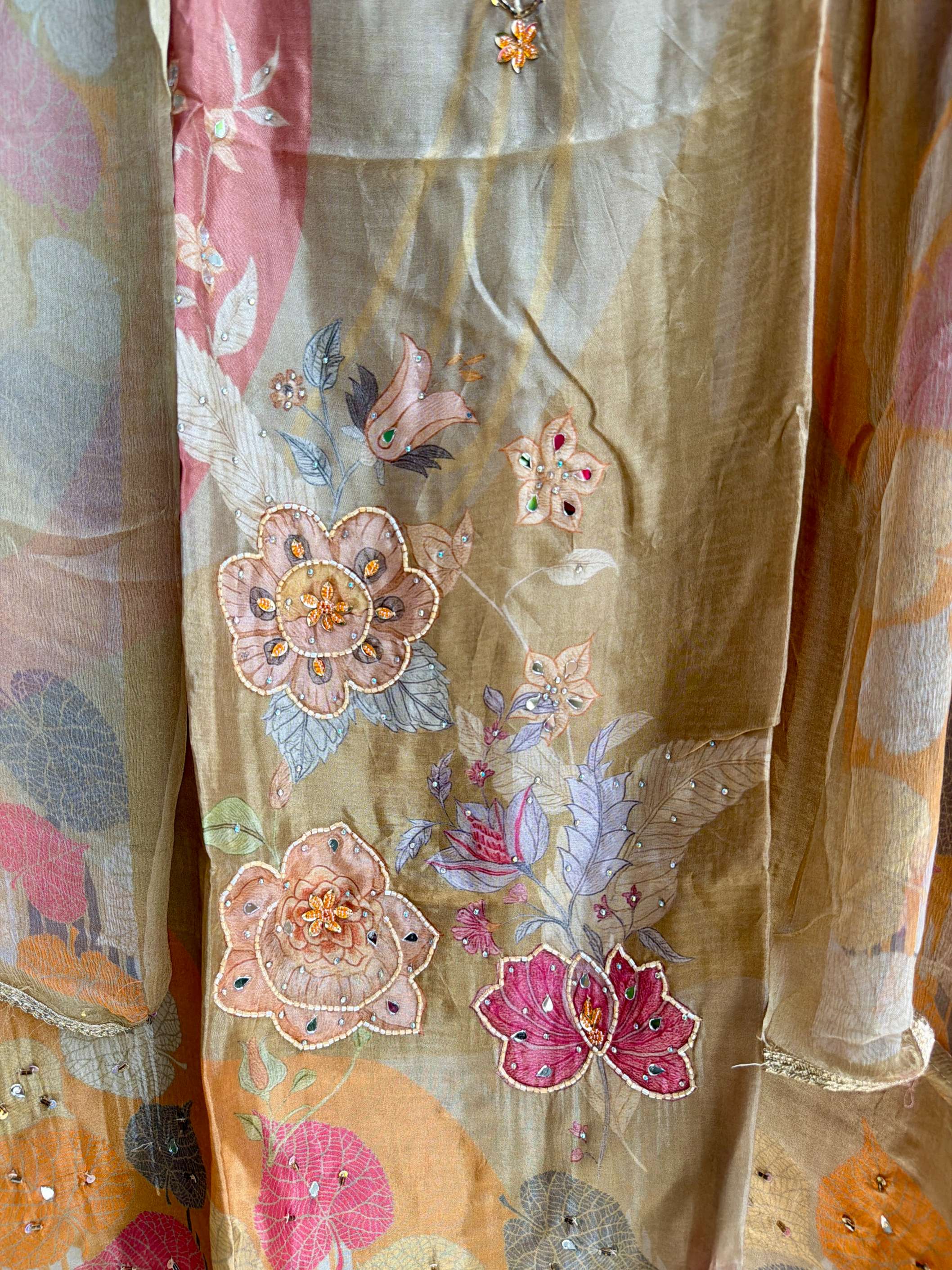 Mehrbano Olive Beige Floral Suit Set